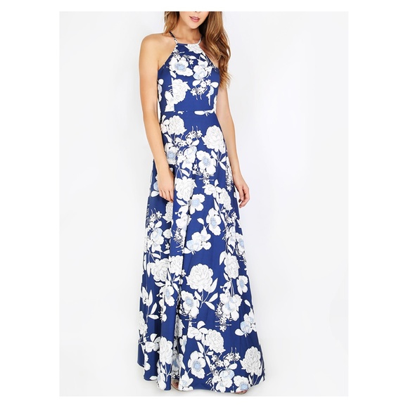MBM Unlimited Dresses & Skirts - Blue White Floral Halter Neck Maxi Dress
